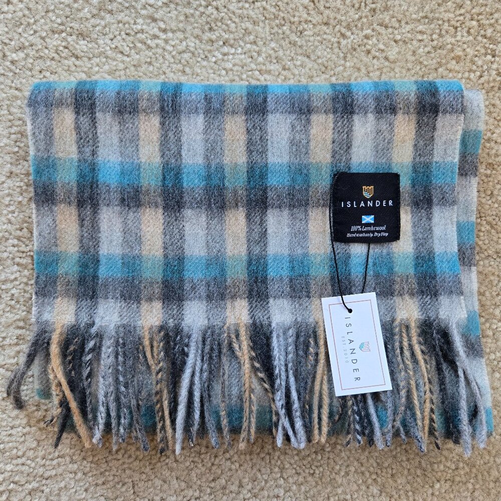 NWT Islander Lambswool Scarf Blue, Black & Tan Plaid - Picture 1 of 6